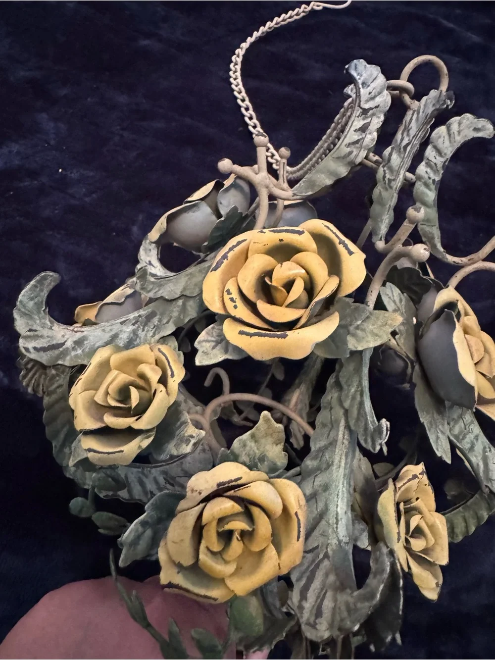 Vintage Hanging Toleware Yellow Roses Floral Birdcage Hollywood Regency Ball